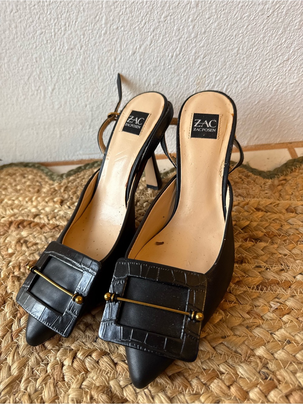 Zac Posen Black Pointed Slingback Heels with Gold Accent